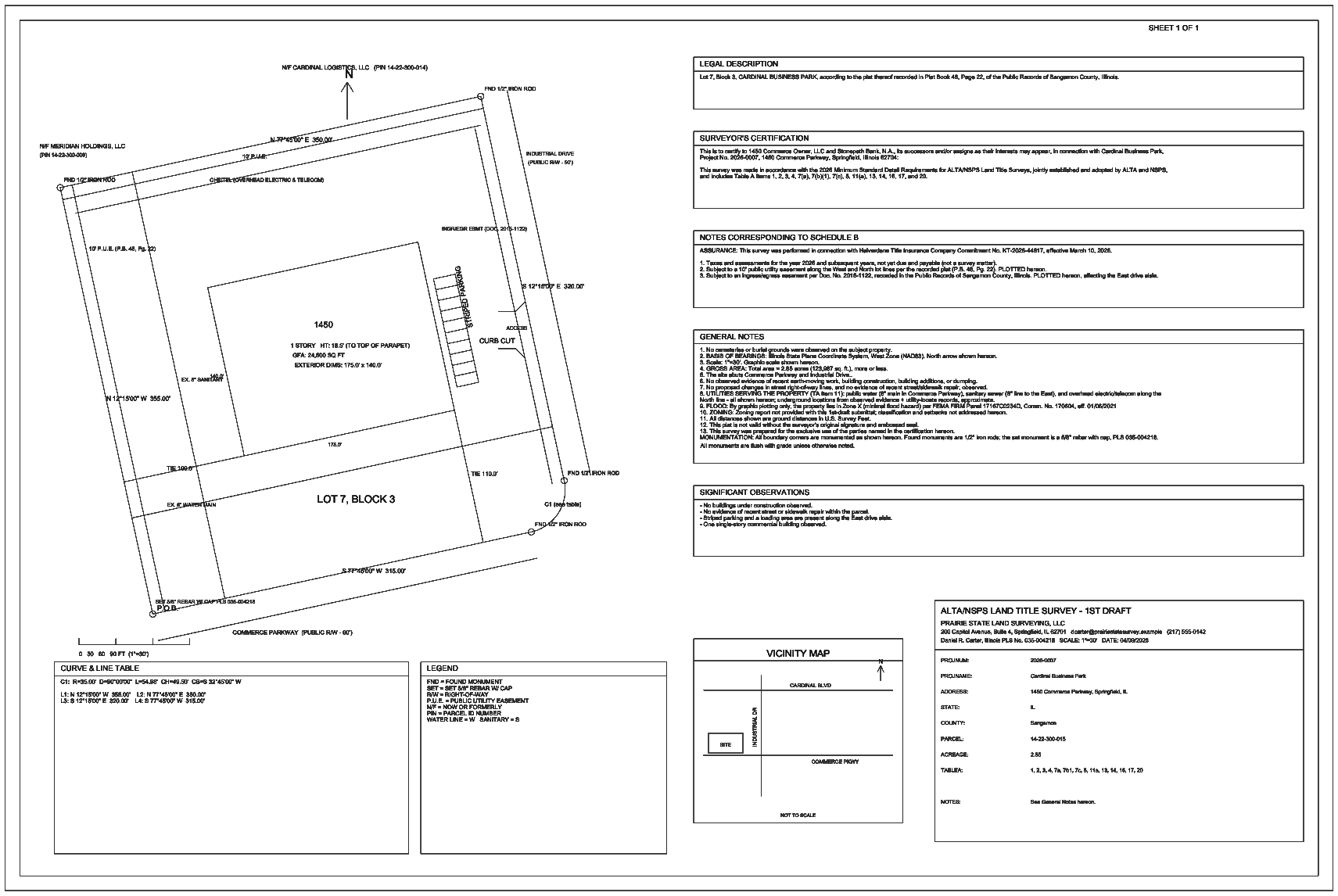 The survey PDF this sample review was run on: the Cardinal Business Park ALTA/NSPS sheet, shown in black and white